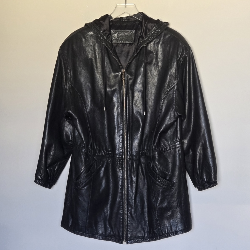 Vintage 80s Jacqueline Ferrar Black 100% Leather Hooded Jacket Size M